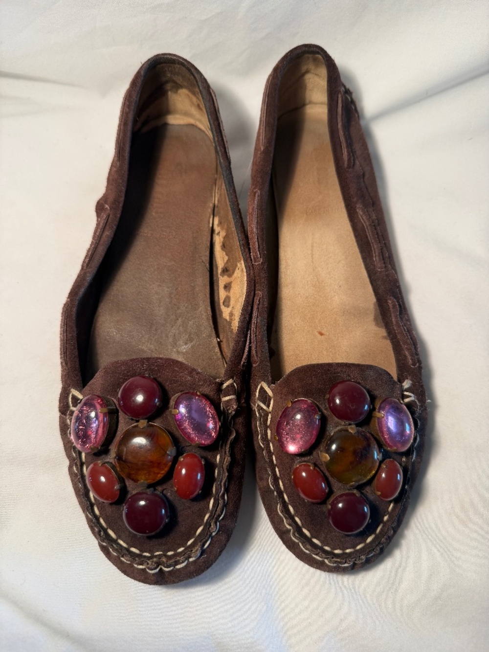 Vintage Brown Miu Miu Suede Gemstone Bedazzled Flats Size 39